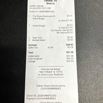 Fat Boy Burgers - Receipt for 2. - Chicken Wings Near Me - Johnson City, Texas