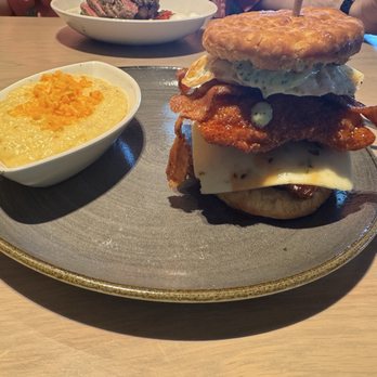 Firebirds Wood Fired Grill - Hot Honey Chicken Biscuit with cheese grits (swapped the house potatoes) - Seafood Near Me - Annapolis, Maryland
