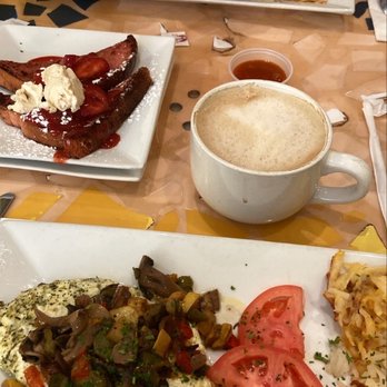 Batter & Berries - Green City Omelet (add tomatoes), half order of Strawberry French Toast, The Traditional, oat milk Cafe' latte - Breakfast & Brunch Near Me - Chicago, Illinois Batter & Berries - Green City Omelet (add tomatoes), half order of Strawberry French Toast, The Traditional, oat milk Cafe' latte - Breakfast & Brunch Near Me - Chicago, Illinois