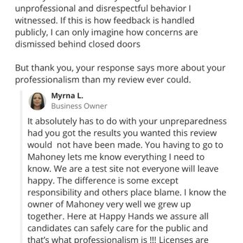 Happy Hands Health Care CNA Testing - A screenshot of 1 of the owners response she deleted. - Nursing Schools Near Me - Riverside, California Happy Hands Health Care CNA Testing - A screenshot of 1 of the owners response she deleted. - Nursing Schools Near Me - Riverside, California