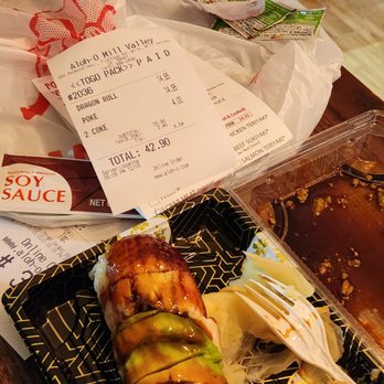 Aloh-o - a tray of food and a receipt - Japanese Near Me - Mill Valley, California Aloh-o - a tray of food and a receipt - Japanese Near Me - Mill Valley, California