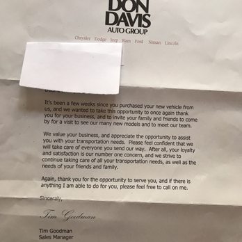 Don Davis Ford - This is a letter I received thanking me for a car I never bought. - Auto Repair Near Me - Arlington, Texas