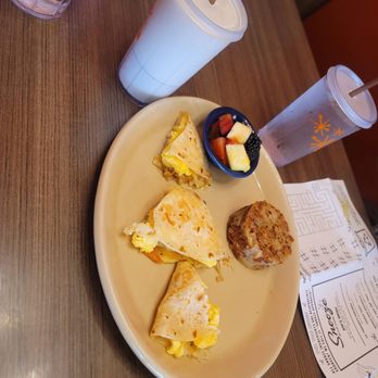Snooze, an A.M. Eatery - Kids plate...quesadilla, hashbrown, and fruit with a side of milk - Breakfast & Brunch Near Me - Cedar Park, Texas