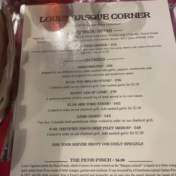 Louis' Basque Corner - Menu - Basque Near Me - Reno, Nevada