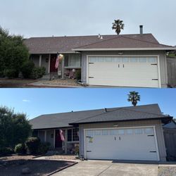 Capstone Roofing - Top is our VERY old roof. Bottom pic is our beautiful new roof, gutters and downspouts.