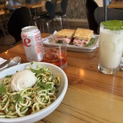 Rogue Rabbit - Zucchini caprese salad. Mortadella/arugula/tomato sandwich, coconut lemonade, Negroni