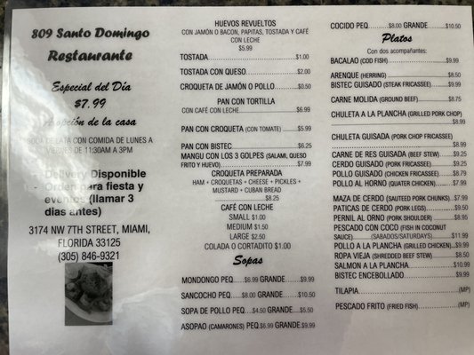Menu photo 2 809 Santo Domingo Restaurante Miami, FL
