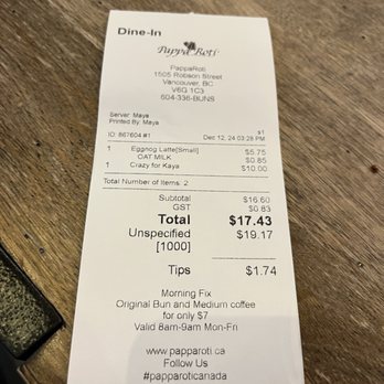 PappaRoti - Receipt - Coffee & Tea Near Me - Vancouver, British Columbia PappaRoti - Receipt - Coffee & Tea Near Me - Vancouver, British Columbia