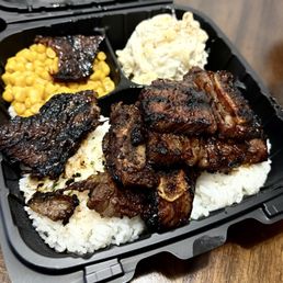 Kalbi Plate w/ corn & Mac salad
