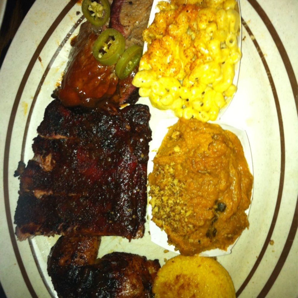 Dinosaur Bar-B-Que - Traditional platter (chicken, ribs, brisket) with Mac and cheese and sweet potatoes - Barbeque Near Me - Troy, New York