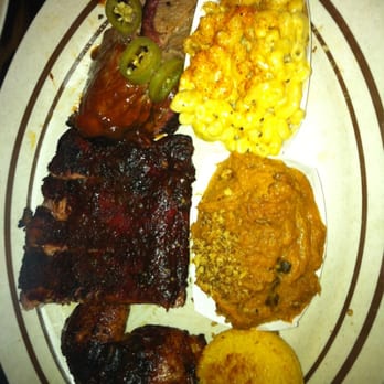 Dinosaur Bar-B-Que - Traditional platter (chicken, ribs, brisket) with Mac and cheese and sweet potatoes - Barbeque Near Me - Troy, New York