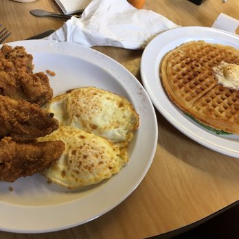 The Serving Spoon - Chicken and waffles with eggs = happy - Breakfast & Brunch Near Me - Inglewood, California