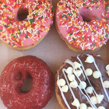 Donut Worry - Two strawberry sprinkles, one red velvet, and one Nutella and white chocolate. So yummy! - Donuts Near Me - Lawrenceville, Georgia