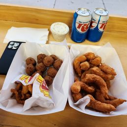 1lb shrimp Chicago, hush puppies and clam strips.