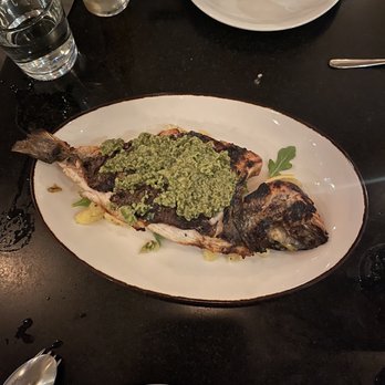 Rossoblu - Whole grilled orata, Weiser Farm potato salad, Castelvetrano olive pesto - Italian Near Me - Los Angeles, California Rossoblu - Whole grilled orata, Weiser Farm potato salad, Castelvetrano olive pesto - Italian Near Me - Los Angeles, California