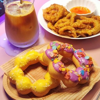 Nom Tea - Mango and Ube Fruity Pebble mochi donut, and Fried Calamari - Bubble Tea Near Me - Brooklyn, New York