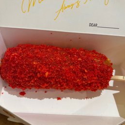 Pepper Jack cheese stick with flamin' hot Cheetos.