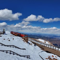 The Broadmoor Manitou and Pikes Peak Cog Railway - View of the cog train parked at the summit