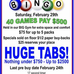 Paraclete High School Bingo - Once a month Saturday Specials