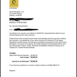 Home Managers - Copy of letter showing proof of deposit refund owed to us.