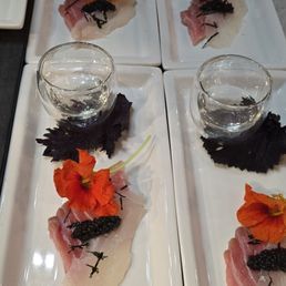 Japanese Bluefin O-Toro and Madai, White Sturgeon Caviar, SakeMoto Junmai Sake, Toasted Nori Nasturtium and Mizuna Japanese Bluefin O-Toro and Madai, White Sturgeon Caviar, SakeMoto Junmai Sake, Toasted Nori Nasturtium and Mizuna