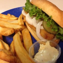 Sandy's Bar & Grill - Sandy's Codfish Sandwich pictured with Steak Fry's.