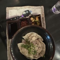 Chicken dumplings, bok choy kimchi