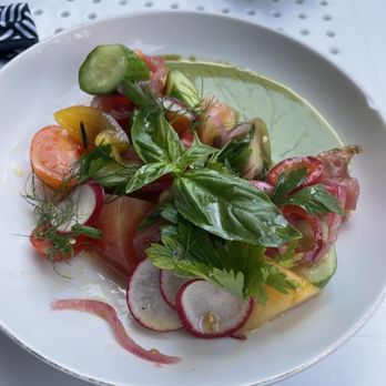 Pasta Louise Cafe - Summer salad - tomatoes, watermelon, cucumber, radish, pickled shallots, green goddess dressing - Italian Near Me - Brooklyn, New York Pasta Louise Cafe - Summer salad - tomatoes, watermelon, cucumber, radish, pickled shallots, green goddess dressing - Italian Near Me - Brooklyn, New York