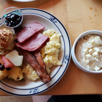 Seed Sprout Spoon - The Big Local Breakfast: Two local pastured eggs (scrambled), cheddar herb biscuit, Geisert Ham, Patchwork bacon, cheesy organic corn grits - Caterers Near Me - St. Louis, Missouri