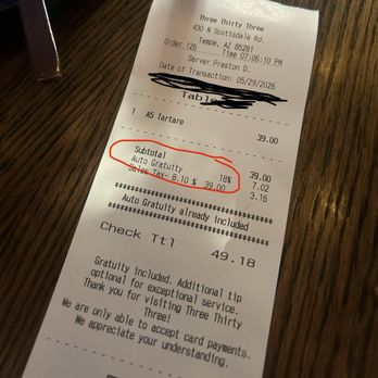 Three Thirty Three - Automatic gratuity - Steakhouses Near Me - Tempe, Arizona Three Thirty Three - Automatic gratuity - Steakhouses Near Me - Tempe, Arizona