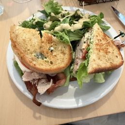 Club caprese sandwich with mixed greens and a lovely creamy vinaigrette.