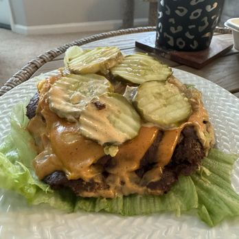 Bae's Burgers - Double burger with everything, protein style on a bed of lettuce - Burgers Near Me - Mooresville, North Carolina Bae's Burgers - Double burger with everything, protein style on a bed of lettuce - Burgers Near Me - Mooresville, North Carolina