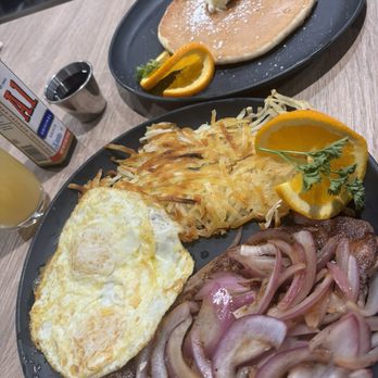 Eggs & Waffles - NY steak and eggs with pancake instead of toast too much fat & no flavor - Breakfast & Brunch Near Me - Gilroy, California Eggs & Waffles - NY steak and eggs with pancake instead of toast too much fat & no flavor - Breakfast & Brunch Near Me - Gilroy, California