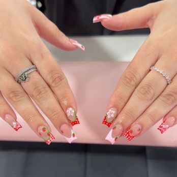 Sky Nails - Square pink and red strawberry acrylic nails - Nail Salons Near Me - Christiansburg, Virginia Sky Nails - Square pink and red strawberry acrylic nails - Nail Salons Near Me - Christiansburg, Virginia