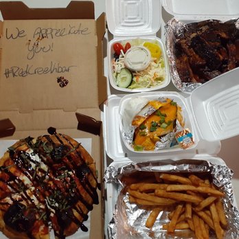 Red Creek Bar & Grill - Margherita pizza, Creek fries, loaded baked potato, side salad, full slab of ribs. What a great feast! - Pizza Near Me - Painesville, Ohio