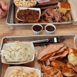 2 meat platter with pulled chicken and smoked turkey, Mac n cheese, potato salad and Cornbread