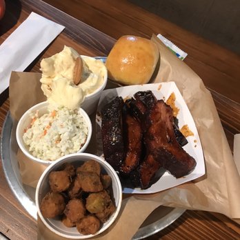 Smokin Pig - Glazed ribs with okra, cole slaw and banana pudding - Barbeque Near Me - Easley, South Carolina Smokin Pig - Glazed ribs with okra, cole slaw and banana pudding - Barbeque Near Me - Easley, South Carolina