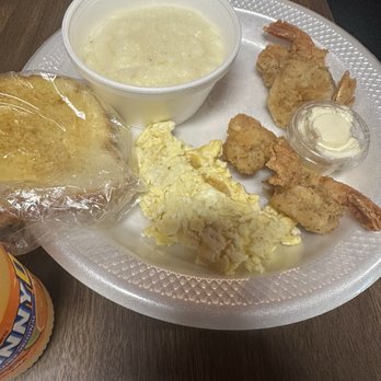Log Cabin - Small 3 shrimp breakfast plate - Southern Near Me - Houston, Texas Log Cabin - Small 3 shrimp breakfast plate - Southern Near Me - Houston, Texas