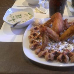 Dame's Chicken & Waffles - Sweet potato waffle w/ macaroni, greens and grits