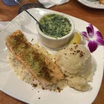 Aloha Steakhouse - Dinner Herb-Crusted Salmon with Dinner Creamed Spinach and Dinner Roasted Garlic Mashed Potatoes - Steakhouses Near Me - Ventura, California Aloha Steakhouse - Dinner Herb-Crusted Salmon with Dinner Creamed Spinach and Dinner Roasted Garlic Mashed Potatoes - Steakhouses Near Me - Ventura, California