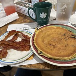 Stuart & John's Sugar House - Blueberry pancakes and bacon with coffee