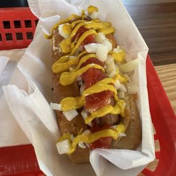 Vegetarian hotdog in grilled bun with ketchup, mustard, and onion. Yum! Vegetarian hotdog in grilled bun with ketchup, mustard, and onion. Yum!