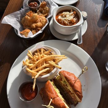 Luna & The Bear - Kitchen & Libation House - Luna Burger, cheese curds, and tomato bisque bowl - New American Near Me - Minneapolis, Minnesota