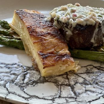 The Vineyard Rose Restaurant - Beef Filet with Boursin Leek Pave, Asparagus and Bernaise - New American Near Me - Temecula, California