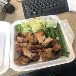 Kelly's Cajun Grill - 1 meat (bourbon chicken), 2 sides (veggies + green beans). $5.99. Note: longest line in the food court but goes CRAZY fast.