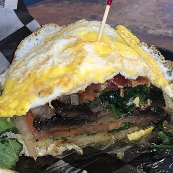 Hamburger Inn Diner - Portobello mushroom sandwich with fried egg, spinach, bacon, lettuce, tomato, on a fresh bread bun. - Burgers Near Me - Delaware, Ohio