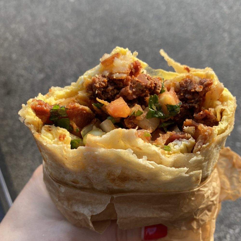 Holy Guacamole - Chorizo breakfast burrito with added bacon - Mexican Near Me - Santa Monica, California