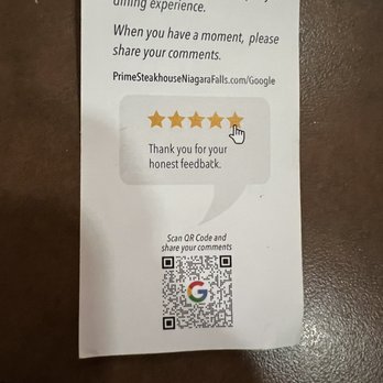 Prime Steakhouse - Visual instructions on back of card directing customers to post five-star TripAdvisor reviews. - Steakhouses Near Me - Niagara Falls, Ontario