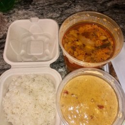 Sticky rice, seafood soup, peanut curry