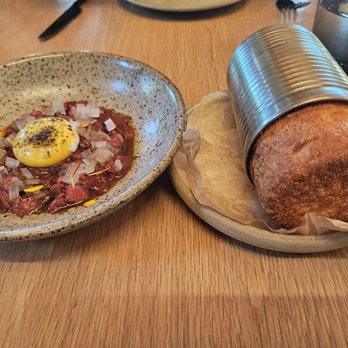 Bear at Stanly Ranch - Bison tartar with dry cardboard brioche in a can - New American Near Me - Napa, California Bear at Stanly Ranch - Bison tartar with dry cardboard brioche in a can - New American Near Me - Napa, California